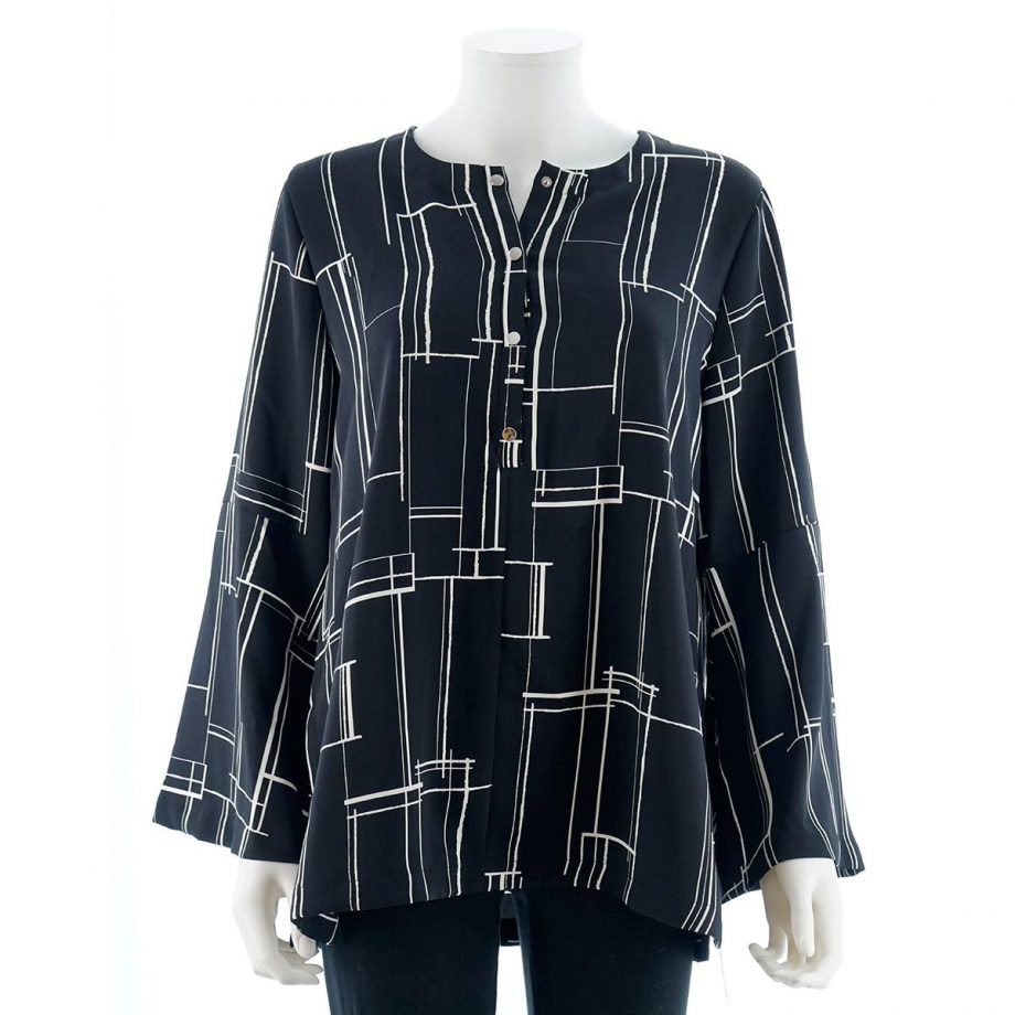 ALFANI Size 12 Geometric Long Sleeve Blouse Top BLACK