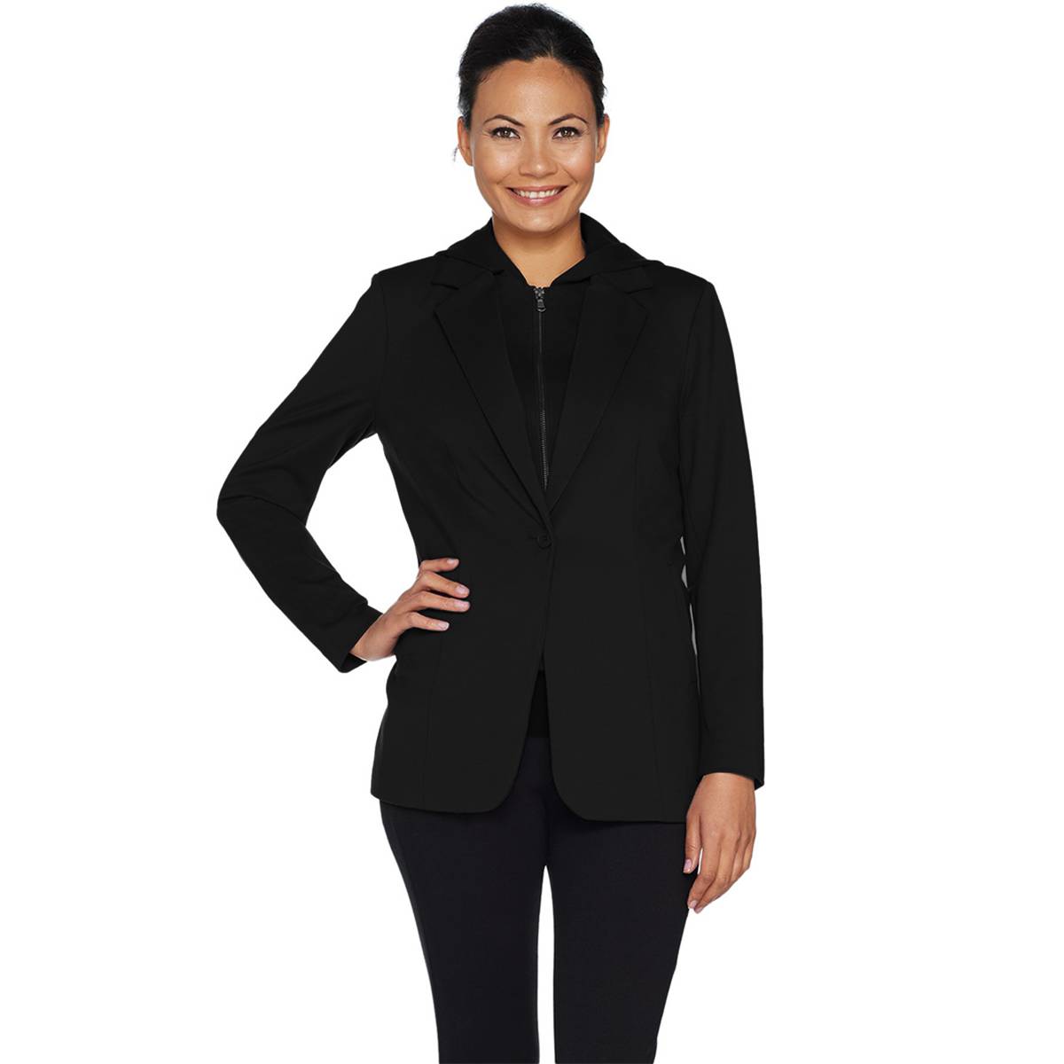 KELLY BY CLINTON KELLY Size L Ponte Blazer w/ Removable Hoodie BLACK