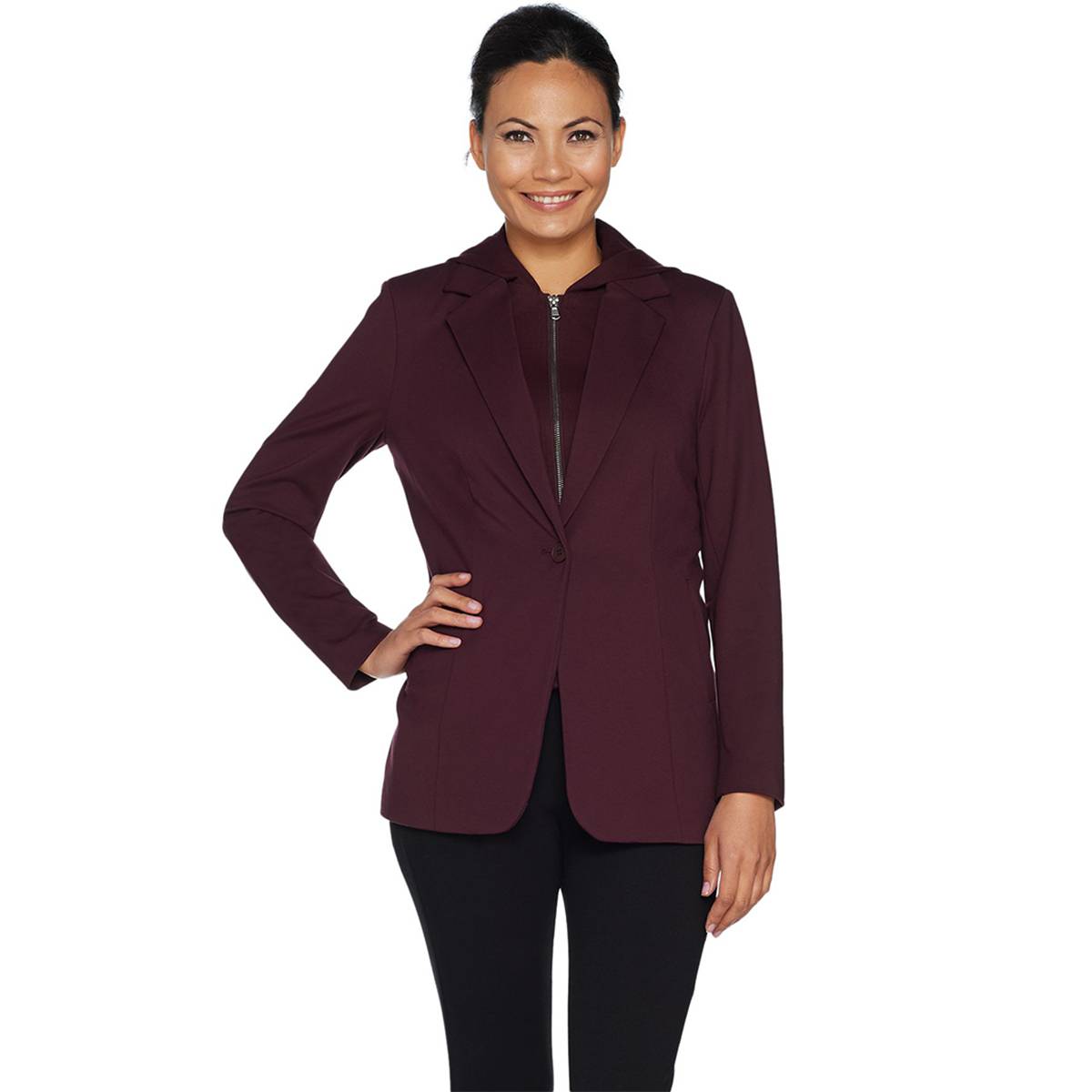 KELLY BY CLINTON KELLY Size L Ponte Blazer w/ Removable Hoodie BLACK
