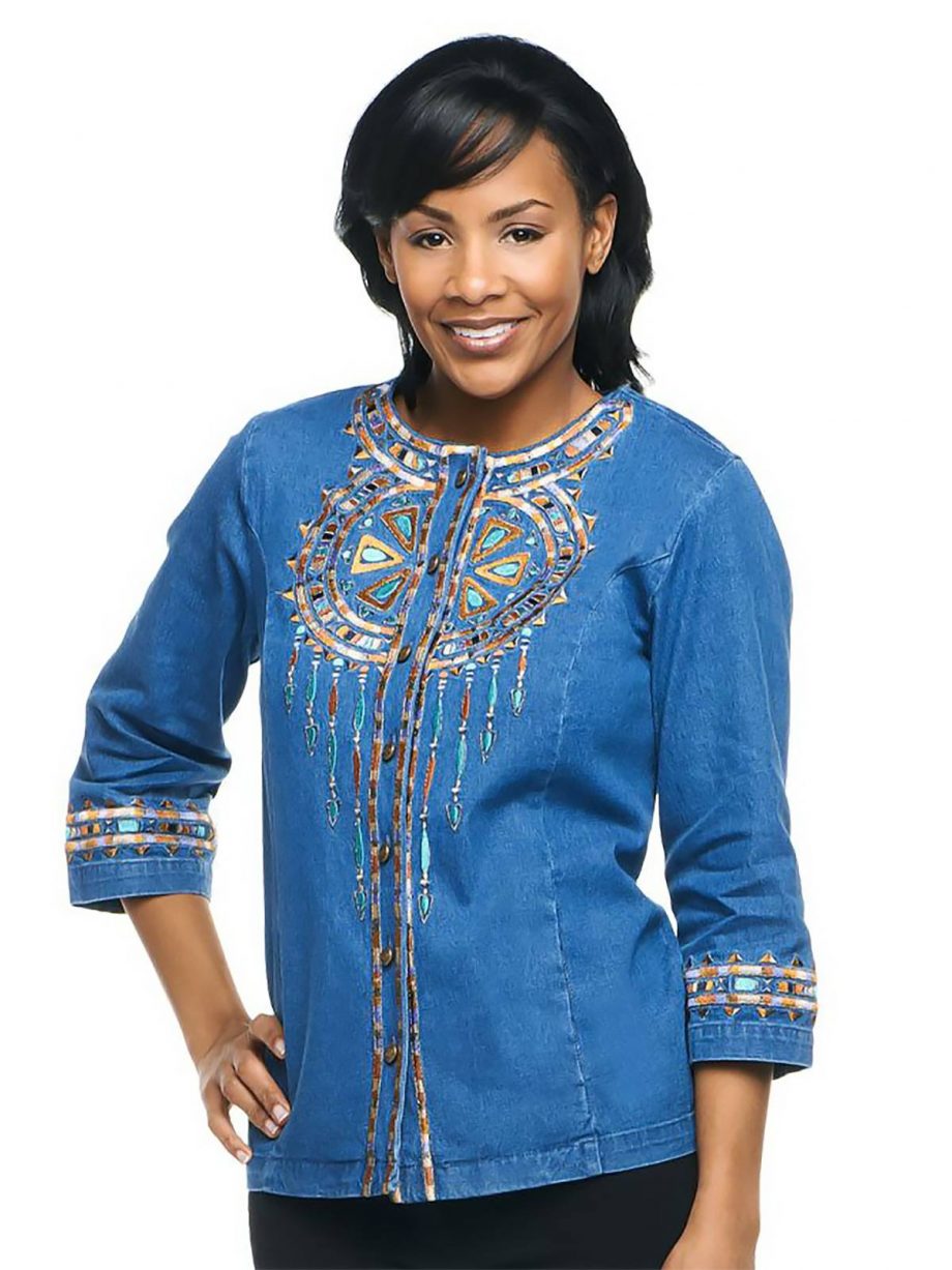 BOB MACKIE Size XL Santa Fe Dream Embroidered 3/4 Sleeve Jacket WHITE