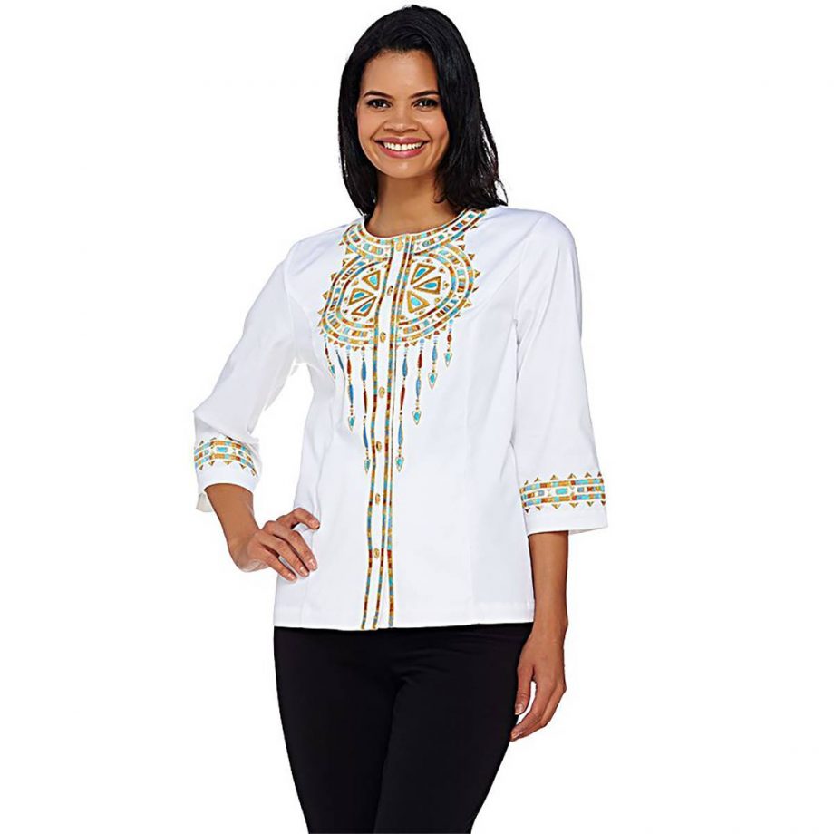 BOB MACKIE Size XL Santa Fe Dream Embroidered 3/4 Sleeve Jacket WHITE
