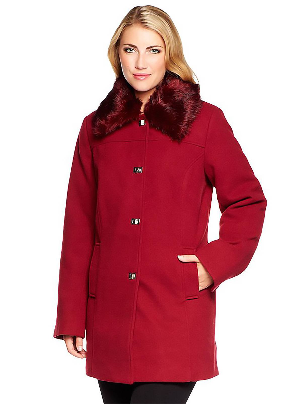 DENNIS BASSO Size S Faux Wool Turnkey Coat w/ Removable Fur Collar BLACK