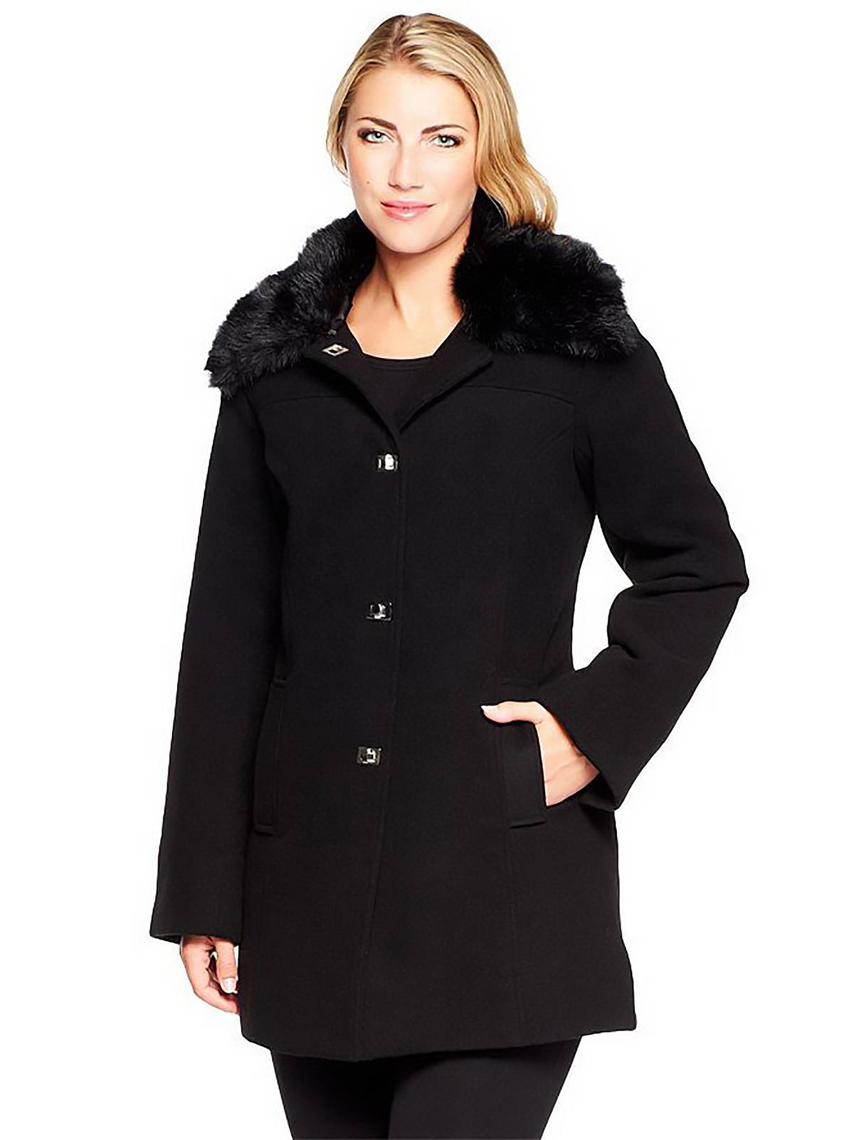 DENNIS BASSO Size S Faux Wool Turnkey Coat w/ Removable Fur Collar BLACK