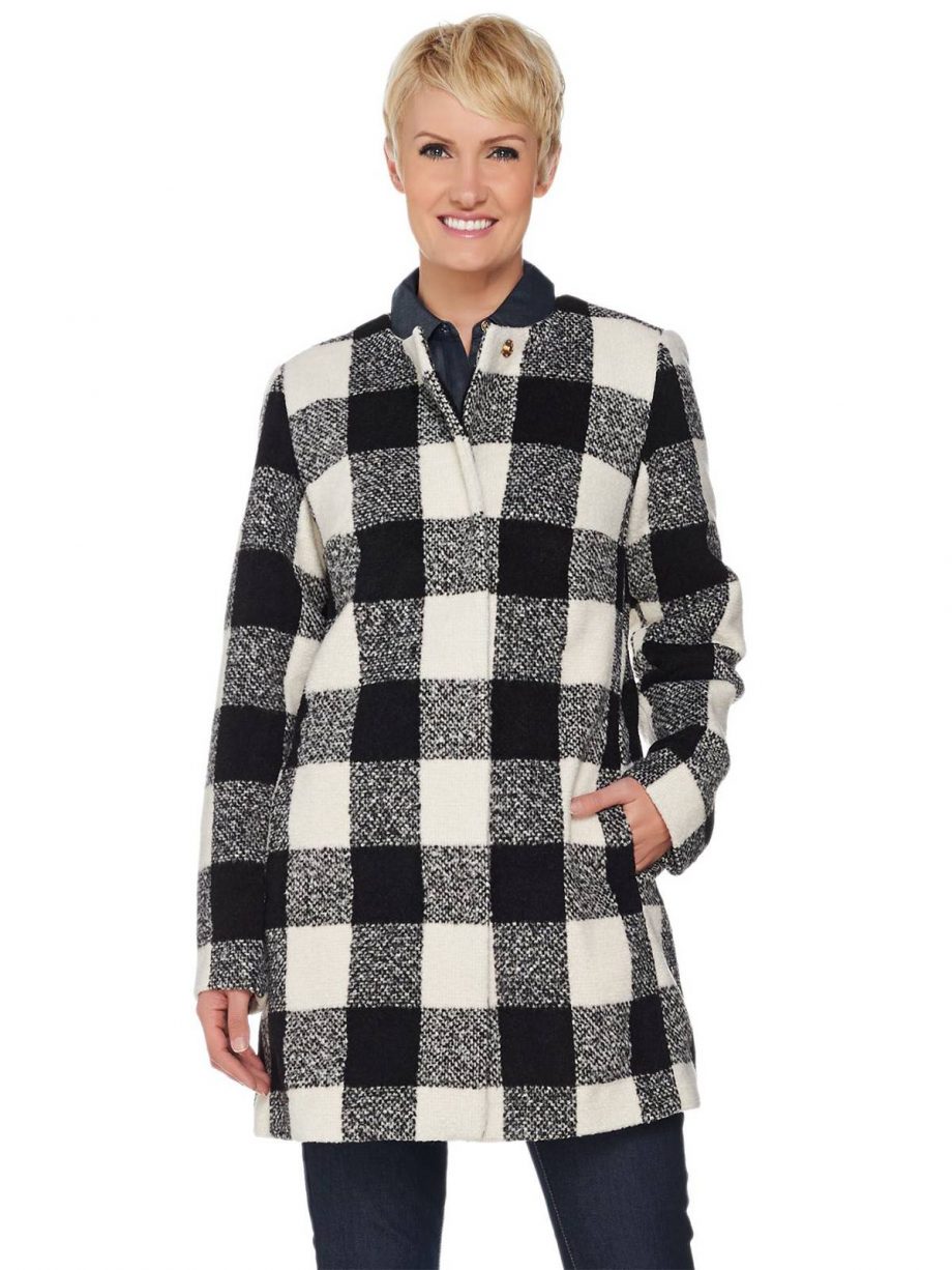 C. WONDER Size L Wool Blend Buffalo Plaid Snap Front Coat BLACK WHITE