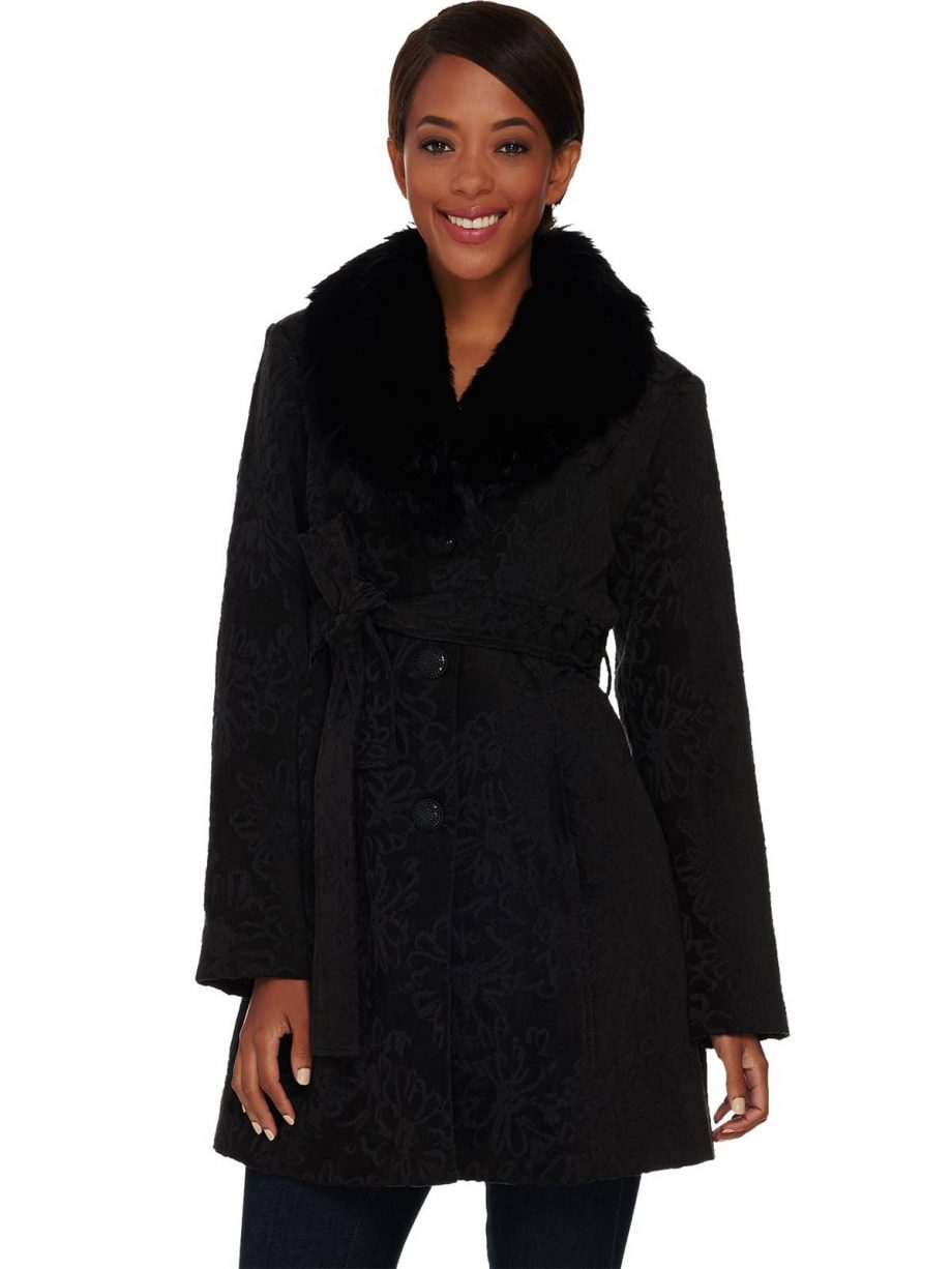 SUSAN GRAVER Size L Tapestry Jacket with Faux Fur Collar BLACK