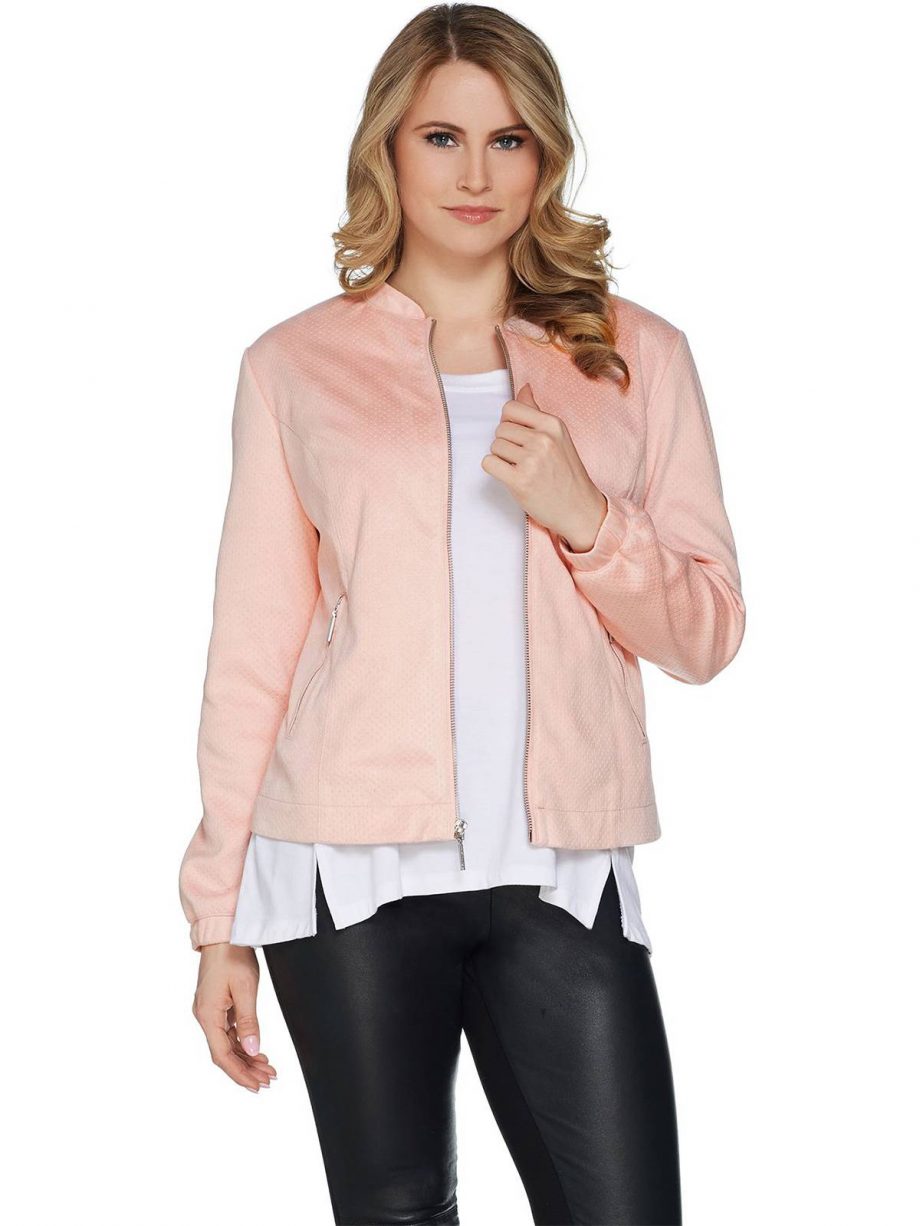 H BY HALSTON Size 16 Zip Front Faux Suede Bomber Jacket PINK BLUSH