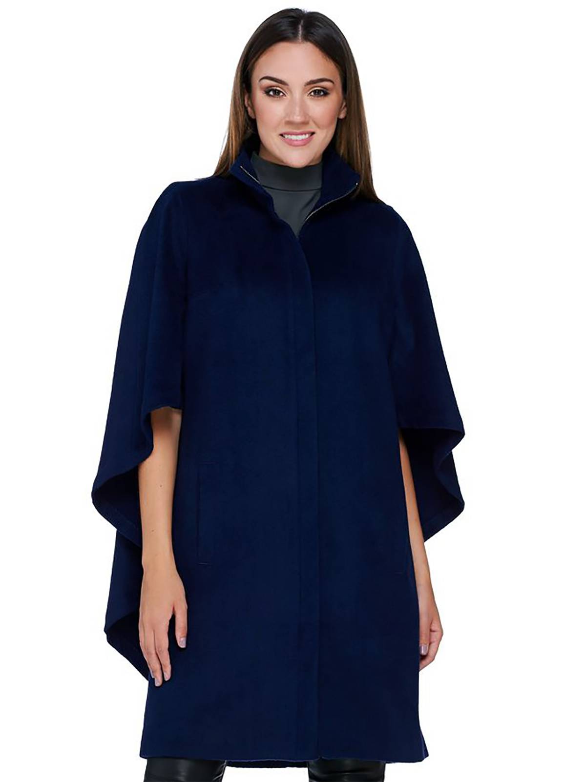 H BY HALSTON Size S Zip Front Knee Length Cape Coat MIDNIGHT BLUE