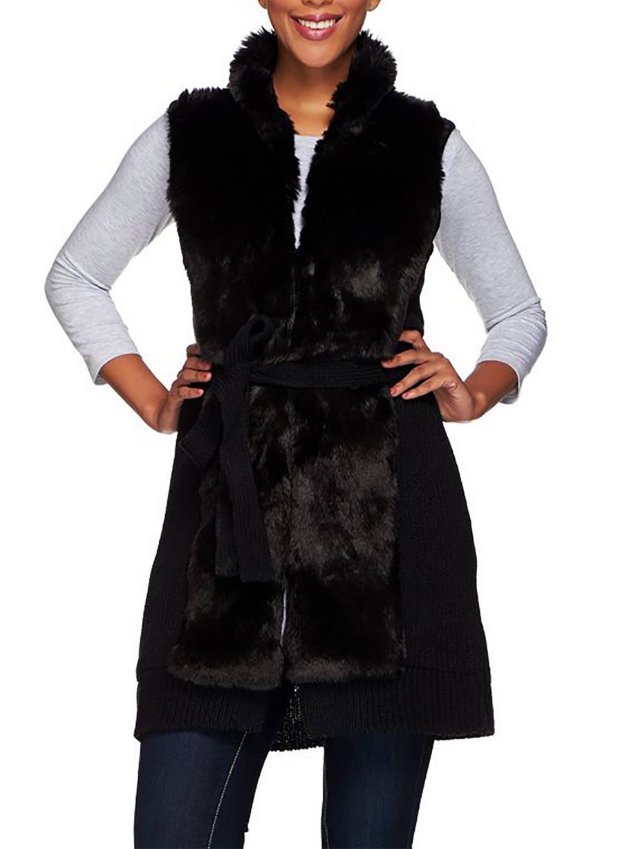 H BY HALSTON Size 1X Faux Fur Front Sweater Vest with Self Belt BLACK