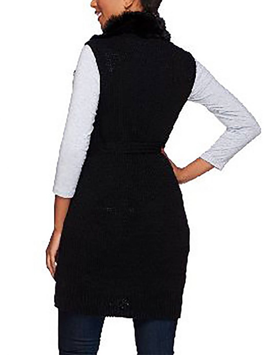 H BY HALSTON Size 1X Faux Fur Front Sweater Vest with Self Belt BLACK
