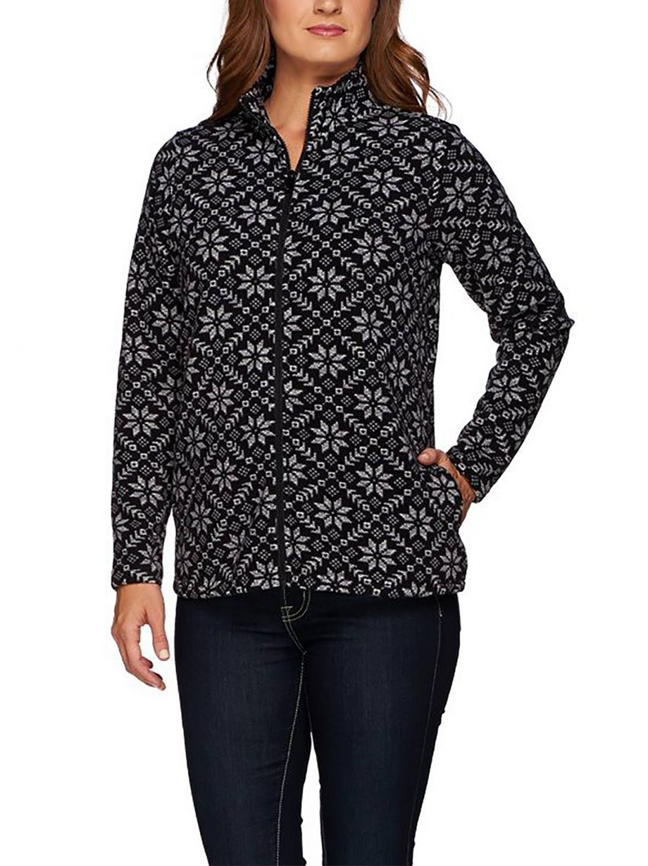 DENIM CO. Size M Active Nordic Printed Fleece Zip Front Jacket BLACK
