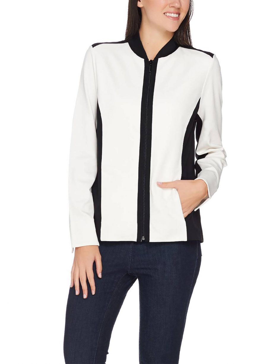 SUSAN GRAVER Size 1X Ponte Knit Colorblock Zip Front Jacket IVORY BLACK