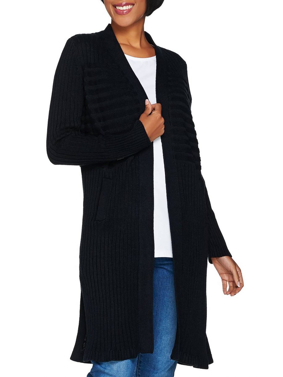ISAAC MIZRAHI LIVE! Size M Ribbed Open Front Duster Cardigan BLACK