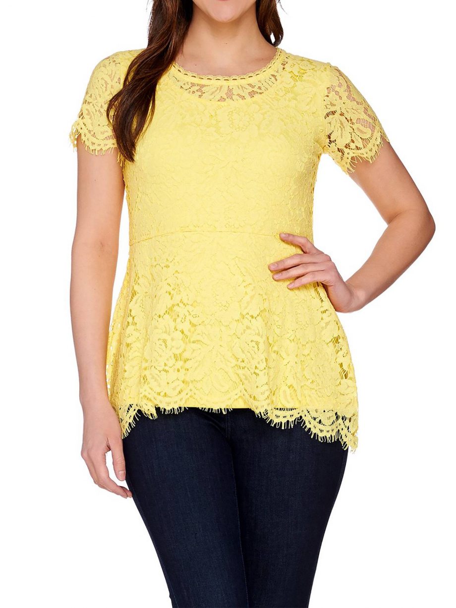 ISAAC MIZRAHI LIVE! Size M Floral Lace Short Sleeve Peplum Top CREAM