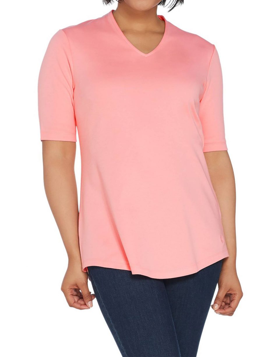 ISAAC MIZRAHI LIVE! Size 1X Essentials V-Neck Elbow Sleeve Tunic Top PINK