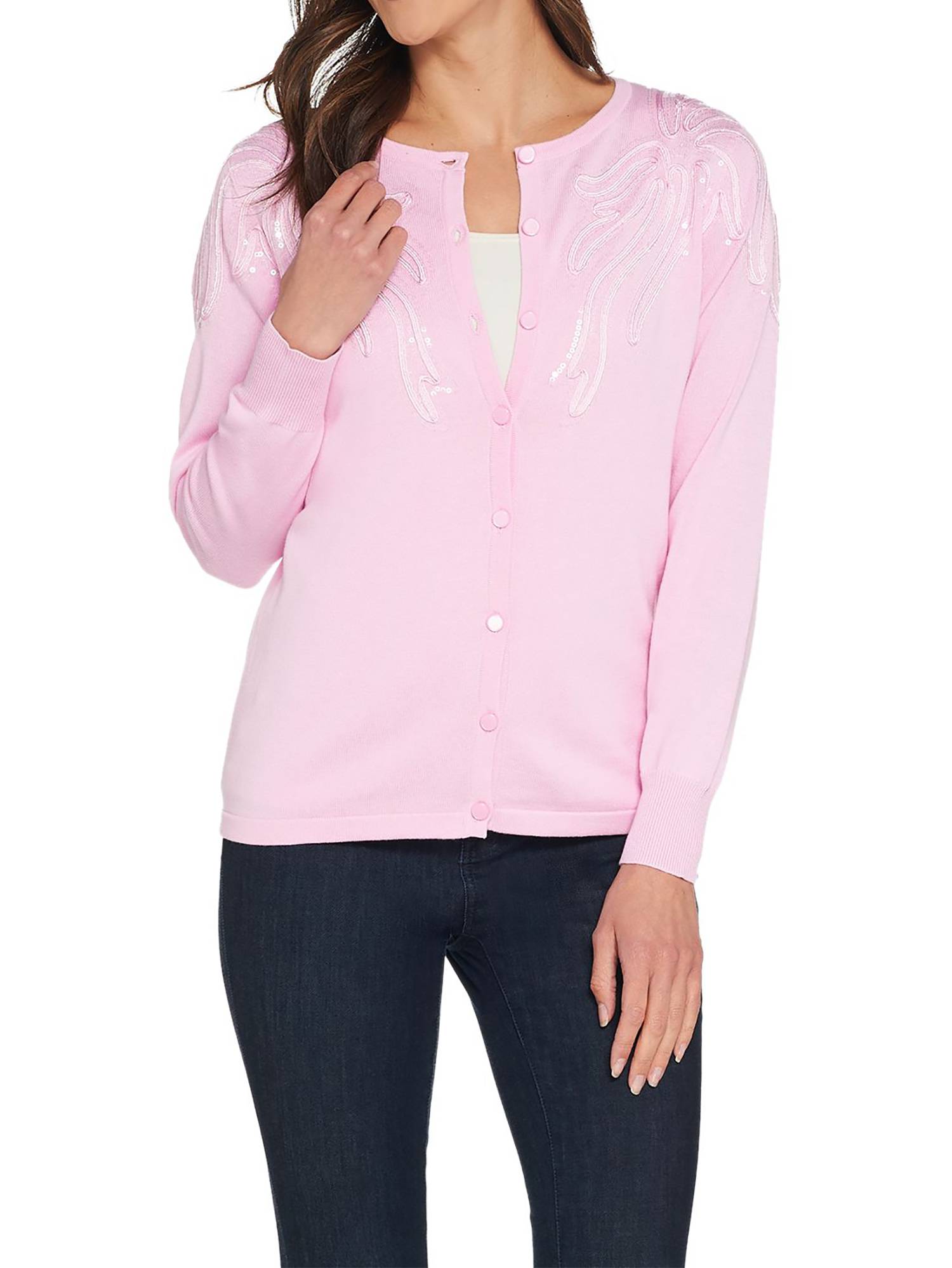 BOB MACKIE Size 1X Sequin Soutache Knit Button Closure Cardigan PINK