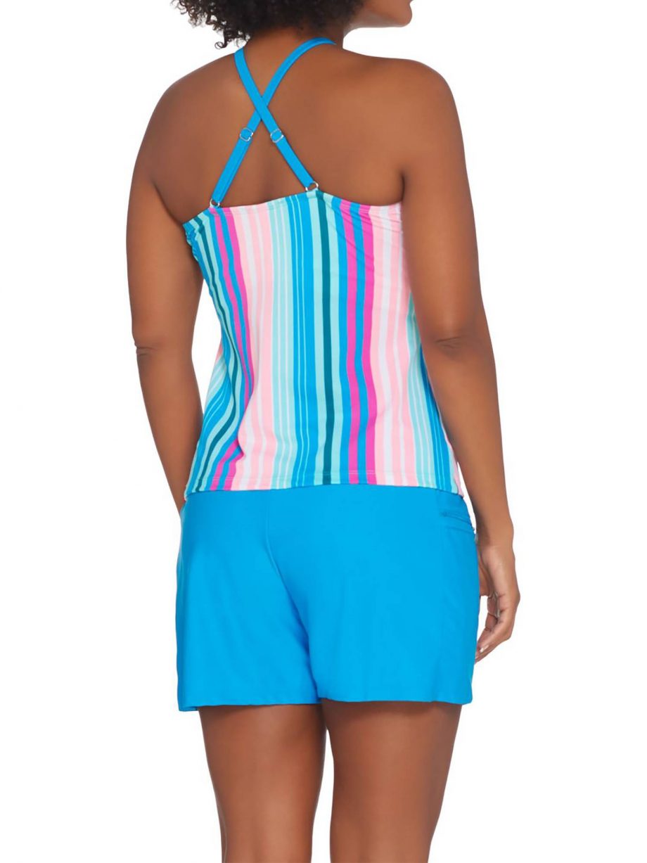ISAAC MIZRAHI LIVE! Size 20W Striped Halterkini with Swim Short NAVY BLACK