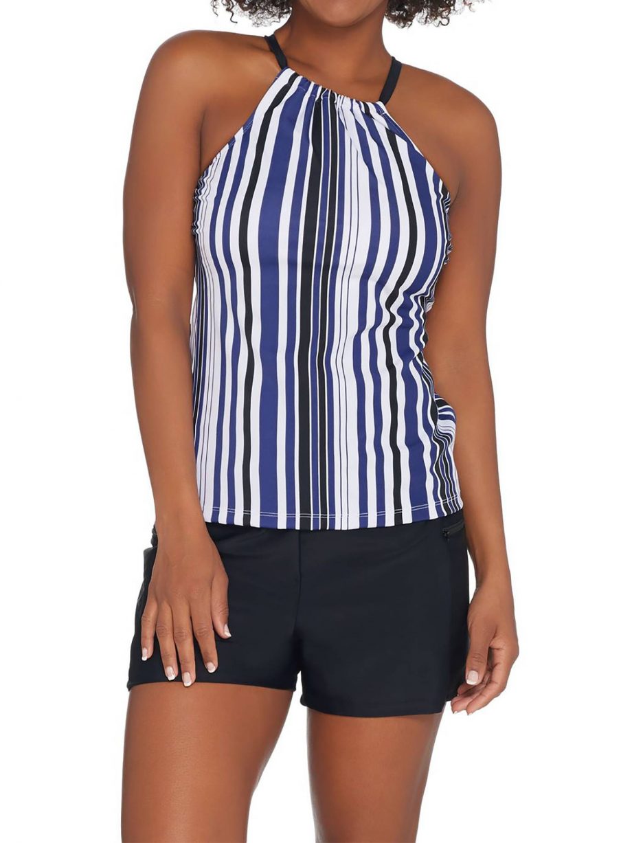 ISAAC MIZRAHI LIVE! Size 20W Striped Halterkini with Swim Short NAVY BLACK