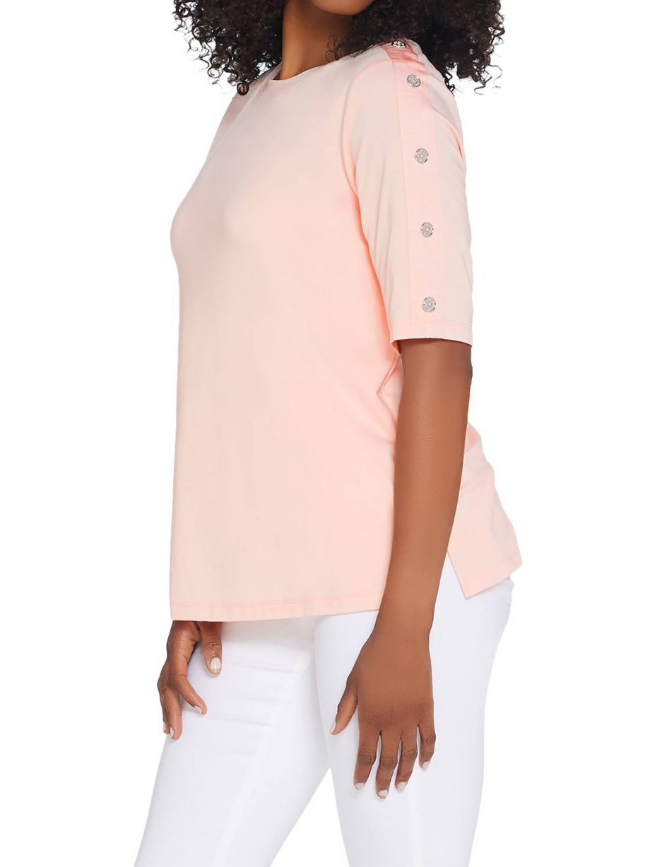 MARTHA STEWART Size S Knit Boatneck Elbow-Sleeve Top with Button Detail WHITE