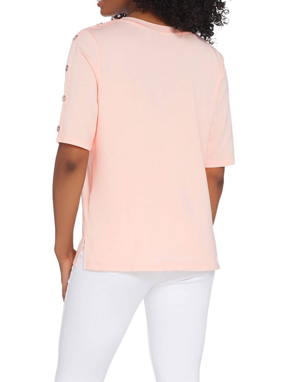 MARTHA STEWART Size S Knit Boatneck Elbow-Sleeve Top with Button Detail WHITE