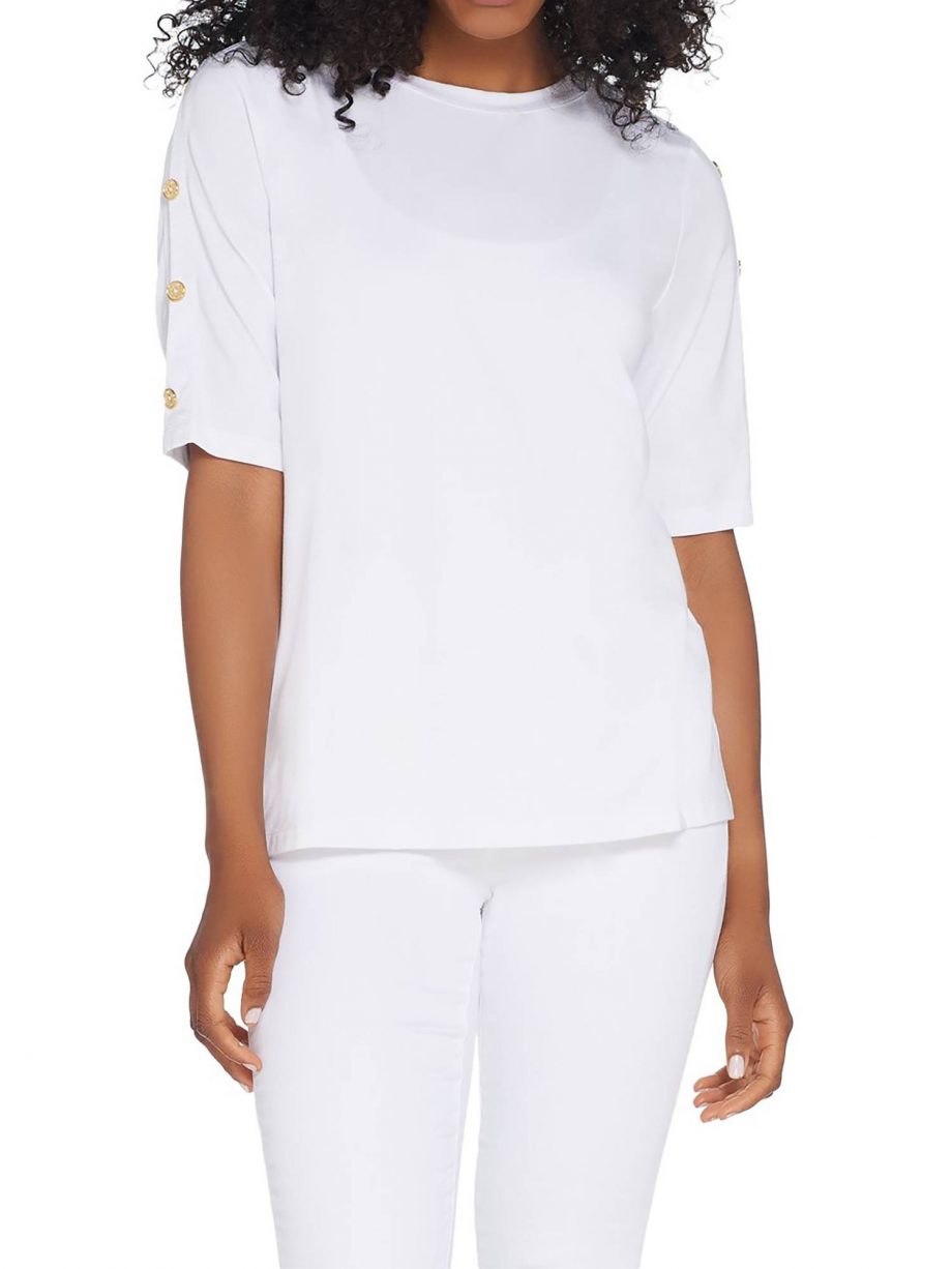 MARTHA STEWART Size S Knit Boatneck Elbow-Sleeve Top with Button Detail WHITE