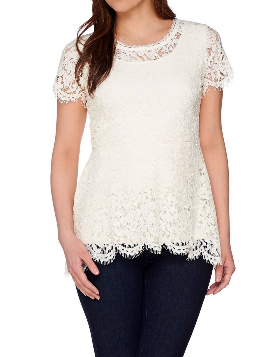 ISAAC MIZRAHI LIVE! Size M Floral Lace Short Sleeve Peplum Top CREAM