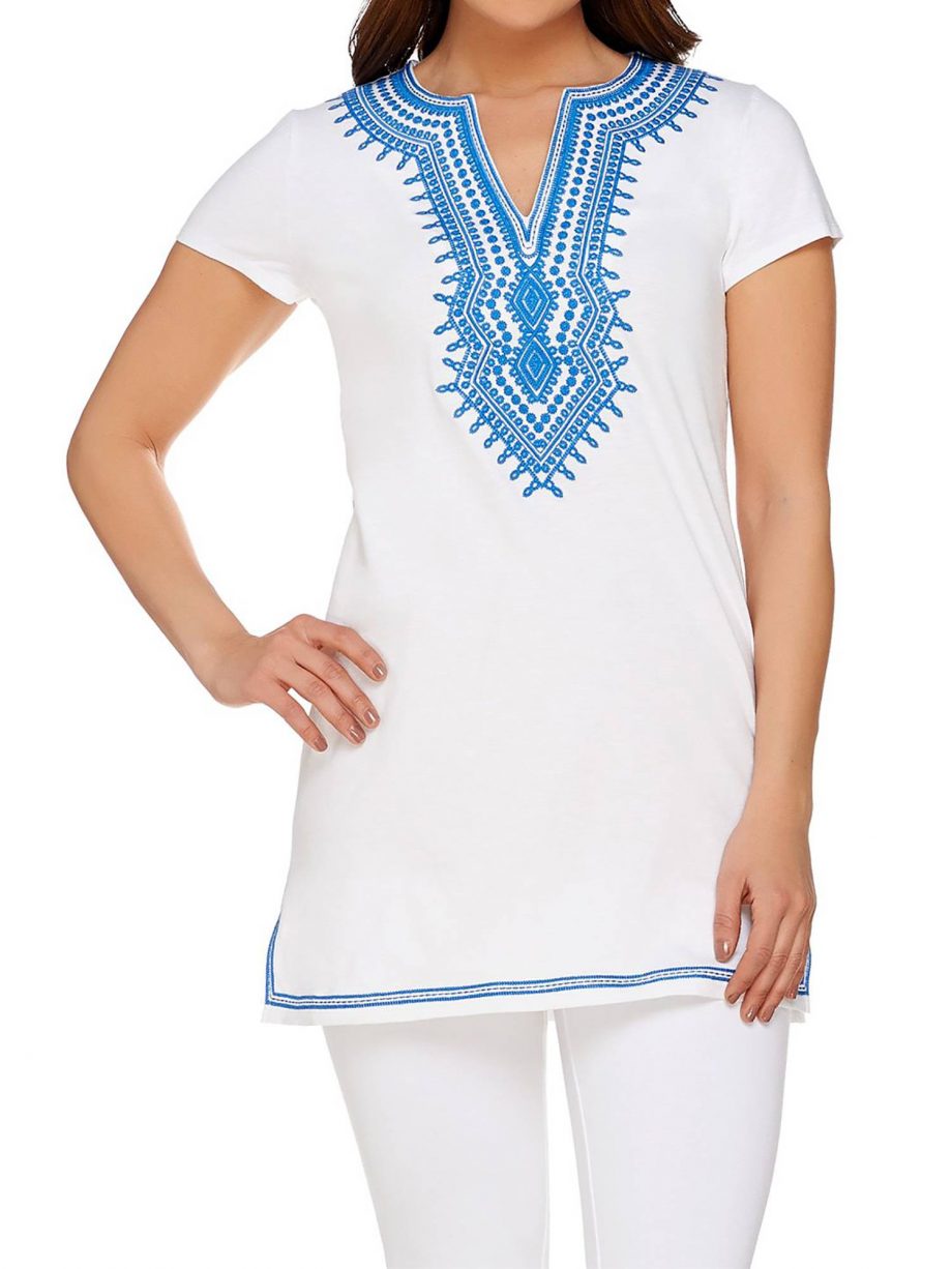 C. WONDER Size XL Embroidered Split V-neck Short Sleeve Knit Tunic WHITE