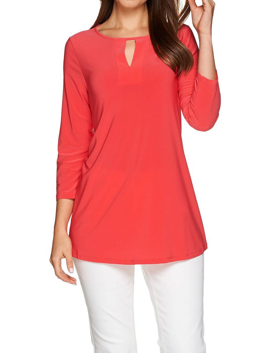 ATTITUDES BY RENEE Size M 3/4 Sleeve Keyhole Neck Jersey Tunic HIBISCUS