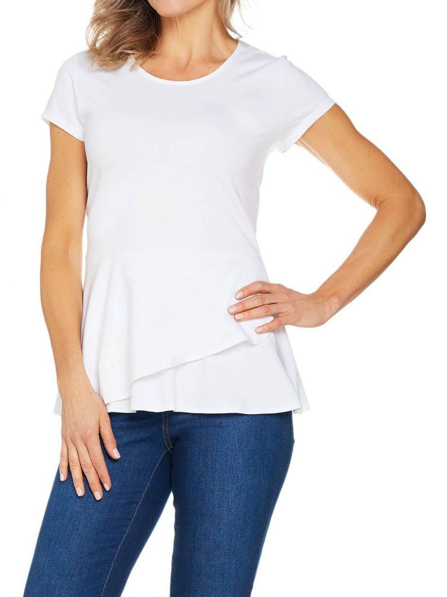 ISAAC MIZRAHI LIVE! Size 1X Short Sleeve Peplum Flounce Knit Top WHITE