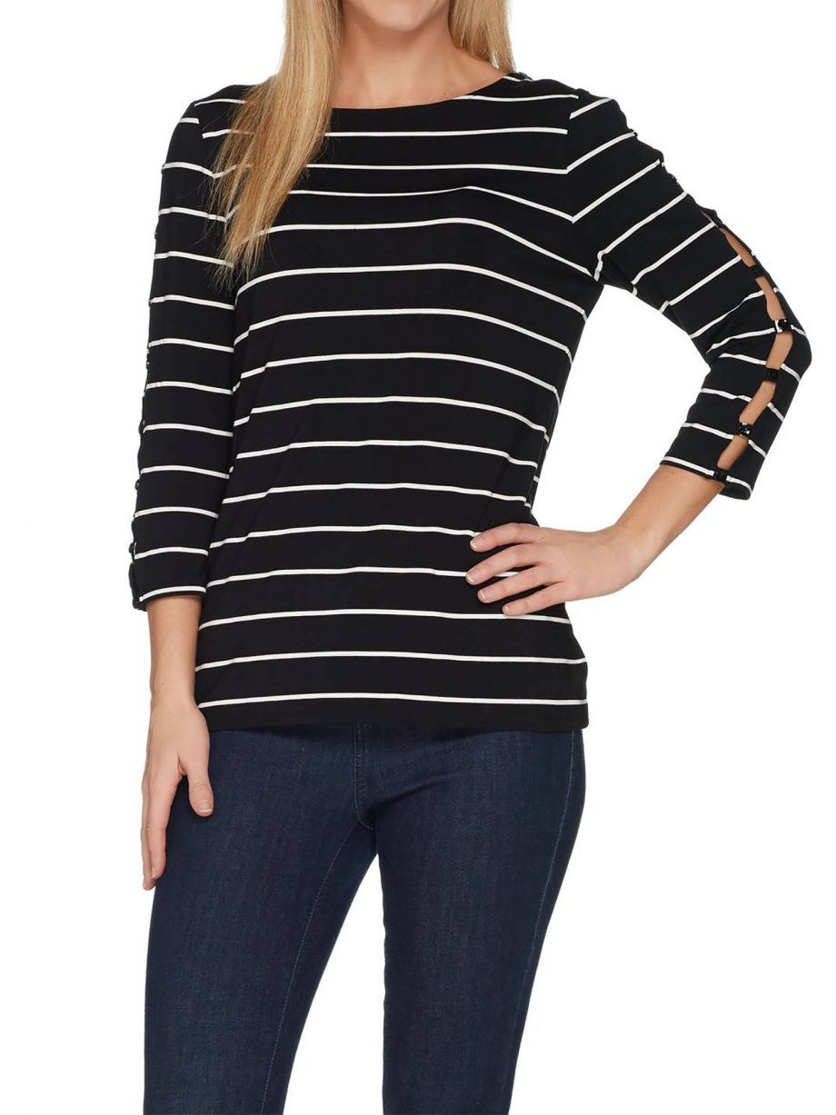 ATTITUDES BY RENEE Size L 3/4 Sleeve Striped Top w/ Button Detail BLACK