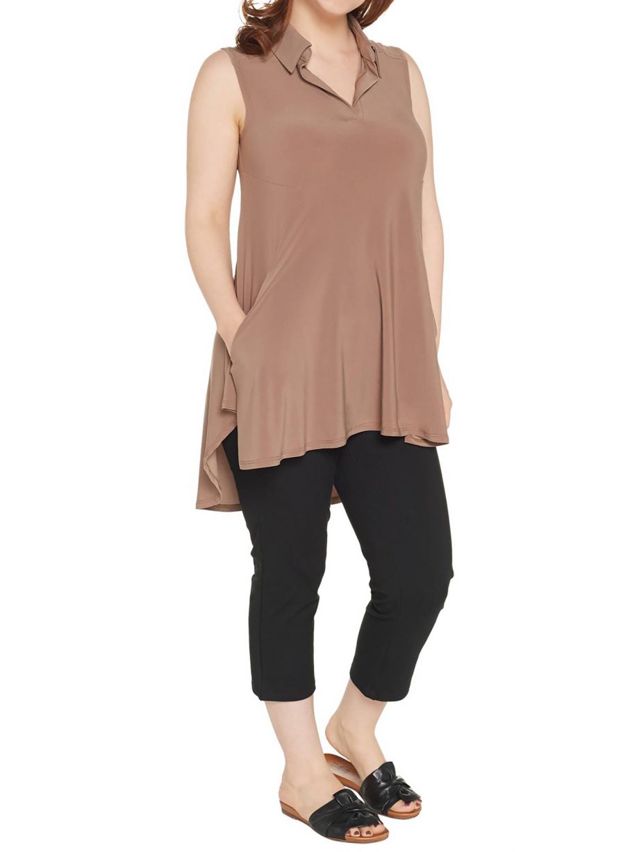 WOMEN WITH CONTROL Size PL Sleeveless Como Tunic Crop Pants Set TAUPE