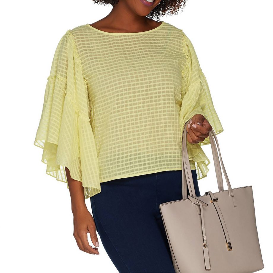 VINCE CAMUTO Size XL Textured Grid Drop Shoulder Sheer Blouse YELLOW
