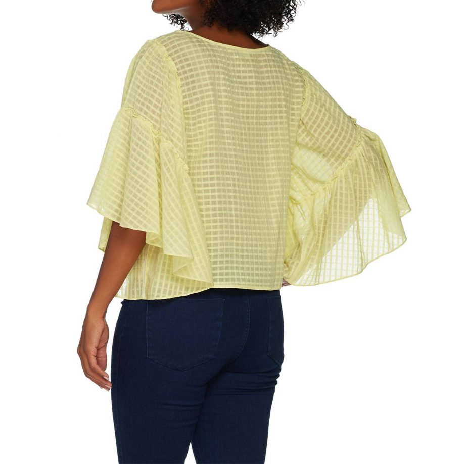 VINCE CAMUTO Size XL Textured Grid Drop Shoulder Sheer Blouse YELLOW