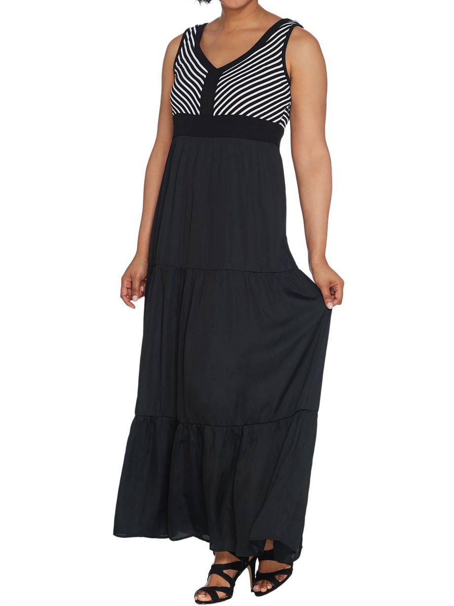 LISA RINNA Size 1X Chevron Bodice Maxi Dress BLACK