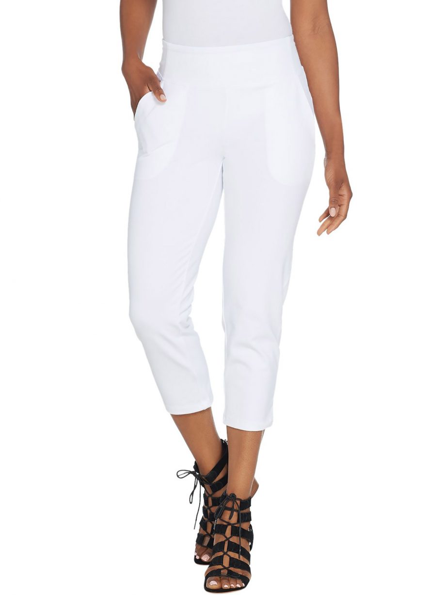 WOMEN WITH CONTROL Size PM Tummy Control Crop Pants with Pockets WHITE