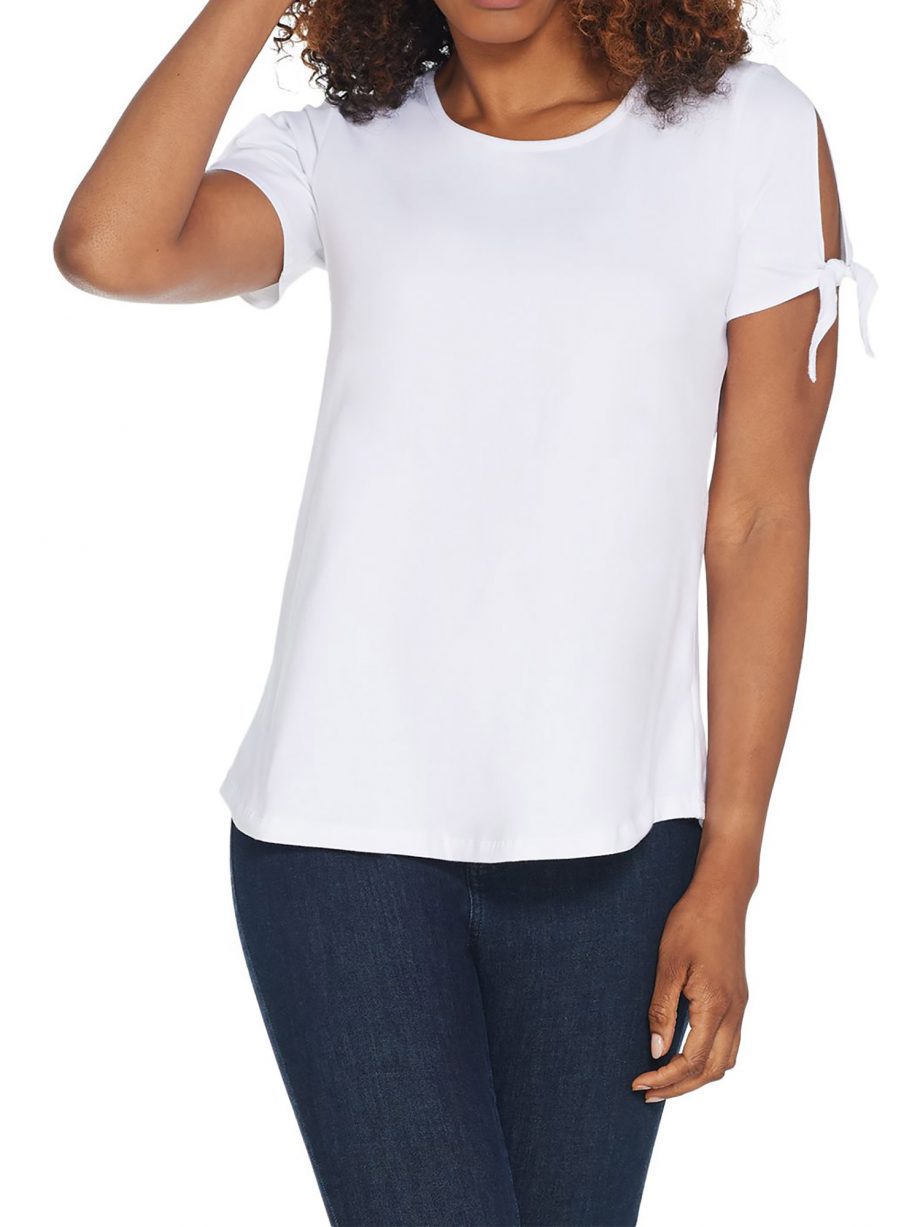 WOMEN WITH CONTROL Size XL Curved Hem T-Shirt w/ Tie Sleeve Detail WHITE