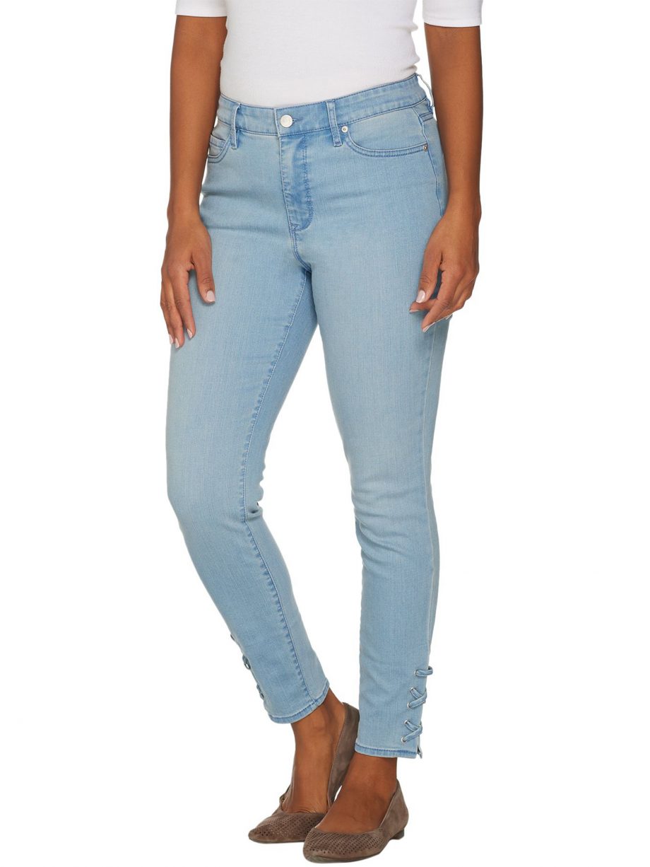 MARTHA STEWART Size 22WP 5-Pocket Ankle Jeans w/ Lace-up Detail LIGHT INDIGO
