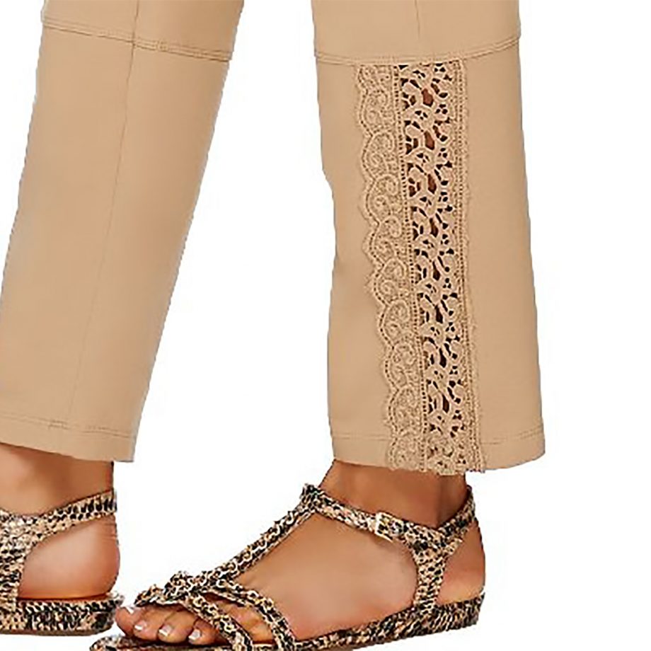 WOMEN WITH CONTROL Size M Slim Leg Ankle Pants with Lace Detail KHAKI