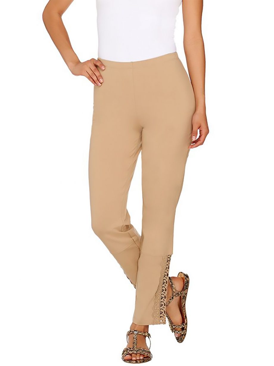 WOMEN WITH CONTROL Size M Slim Leg Ankle Pants with Lace Detail KHAKI
