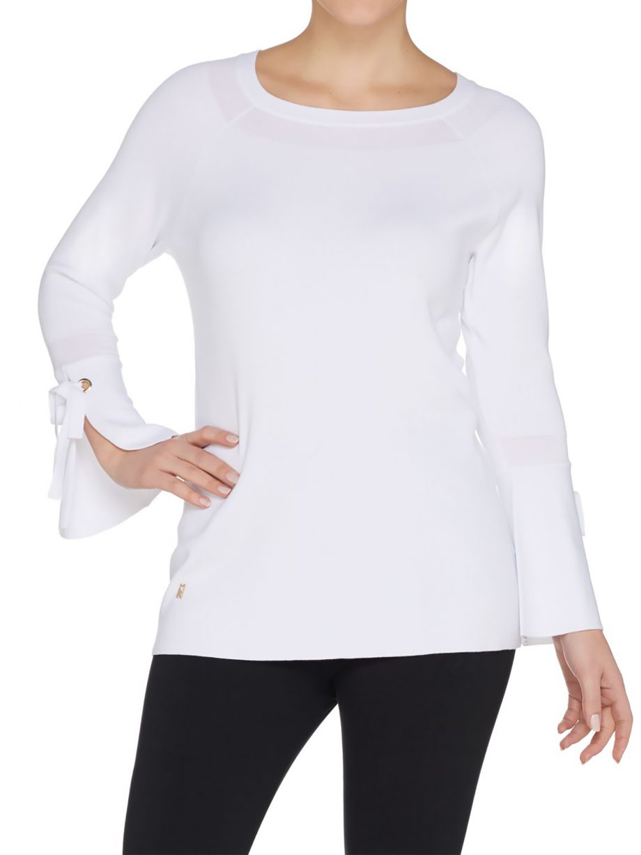 BELLE by KIM GRAVEL Size XL Feather Knit Bell Sleeve Sweater WHITE
