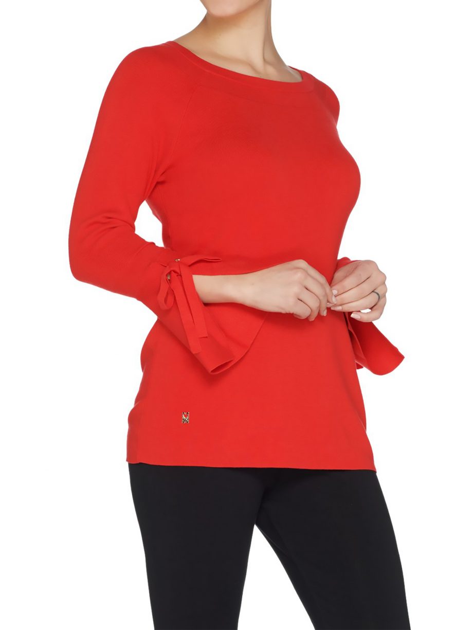 BELLE by KIM GRAVEL Size M Feather Knit Bell Sleeve Sweater POPPY RED