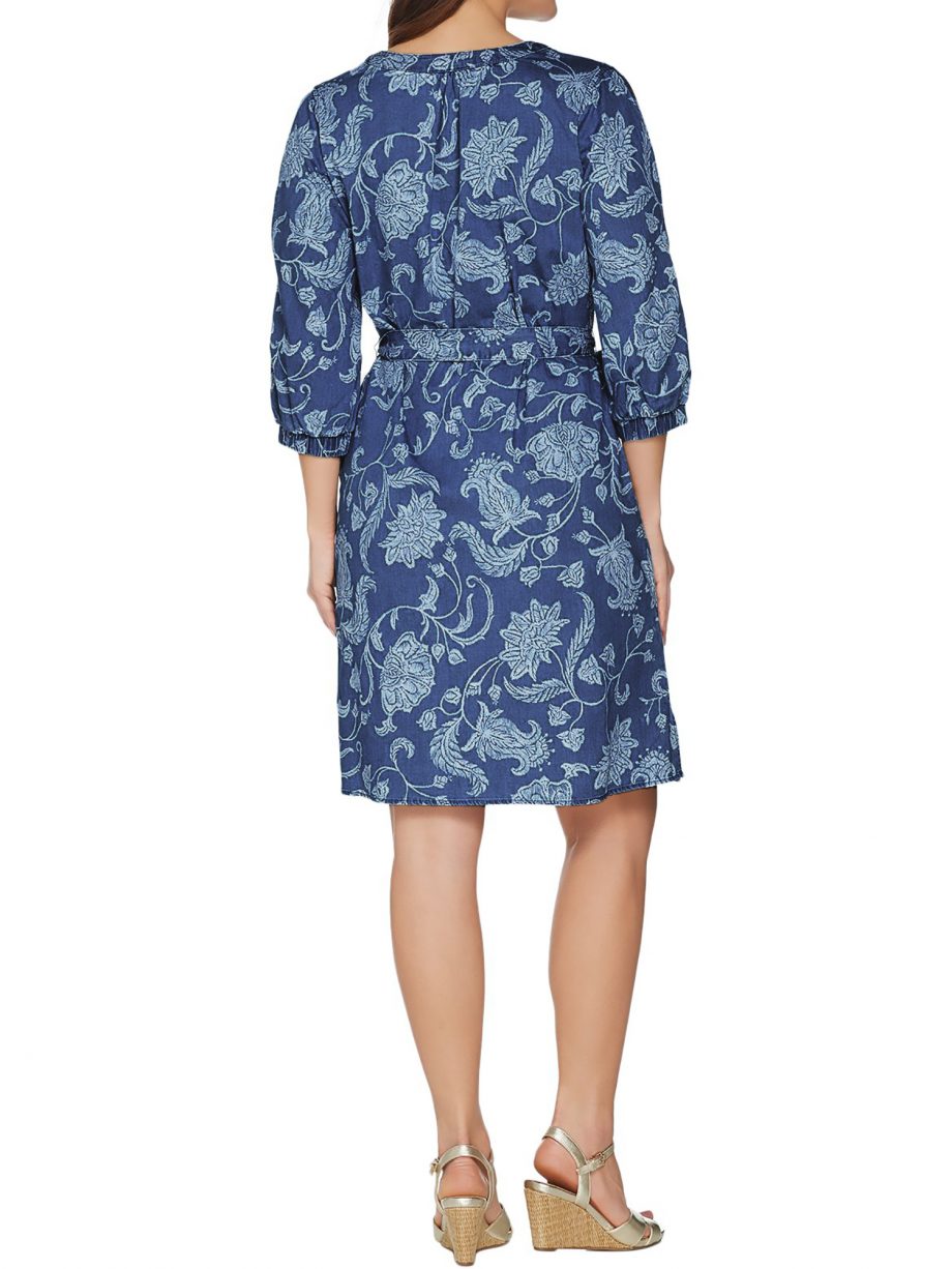 ISAAC MIZRAHI LIVE! Size 8 TRUE DENIM Floral Printed Denim Dress DARK INDIGO