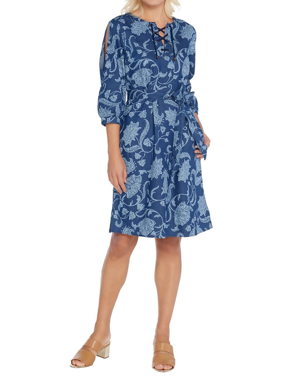 ISAAC MIZRAHI LIVE! Size 8 TRUE DENIM Floral Printed Denim Dress DARK INDIGO
