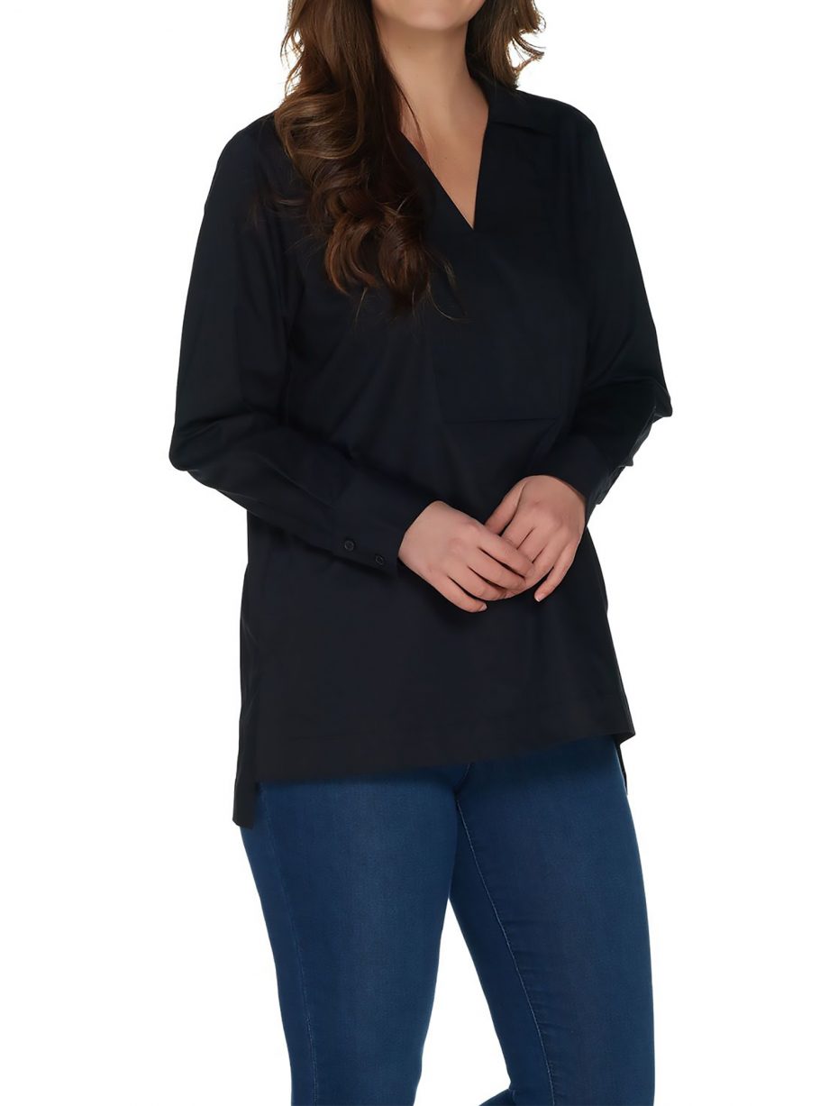 MARTHA STEWART Size M Stretch Poplin Collared Long Sleeve Tunic BLACK