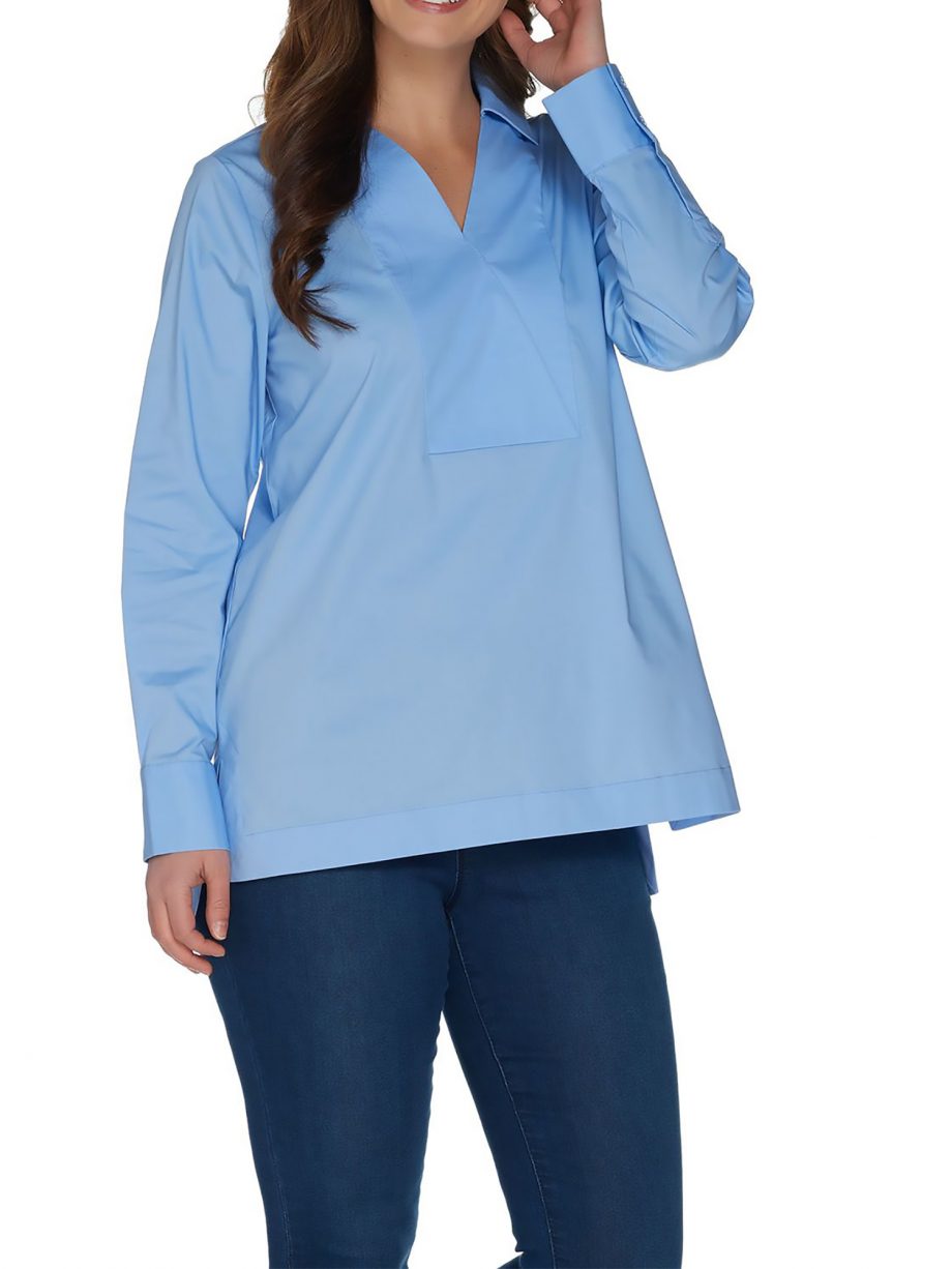 MARTHA STEWART Size 1X Stretch Poplin Collared Long Sleeve Tunic ROBIN BLUE