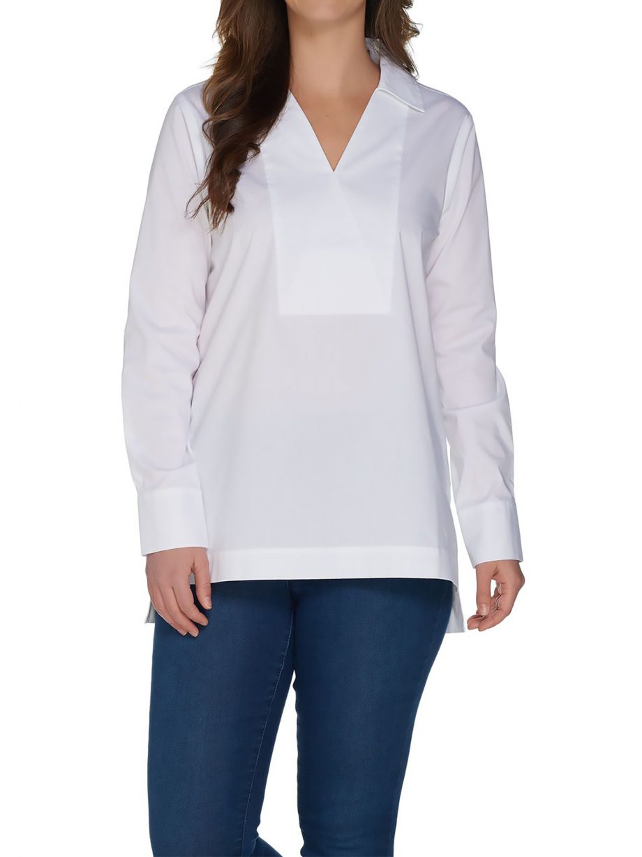 MARTHA STEWART Size L Stretch Poplin Collared Long Sleeve Tunic WHITE