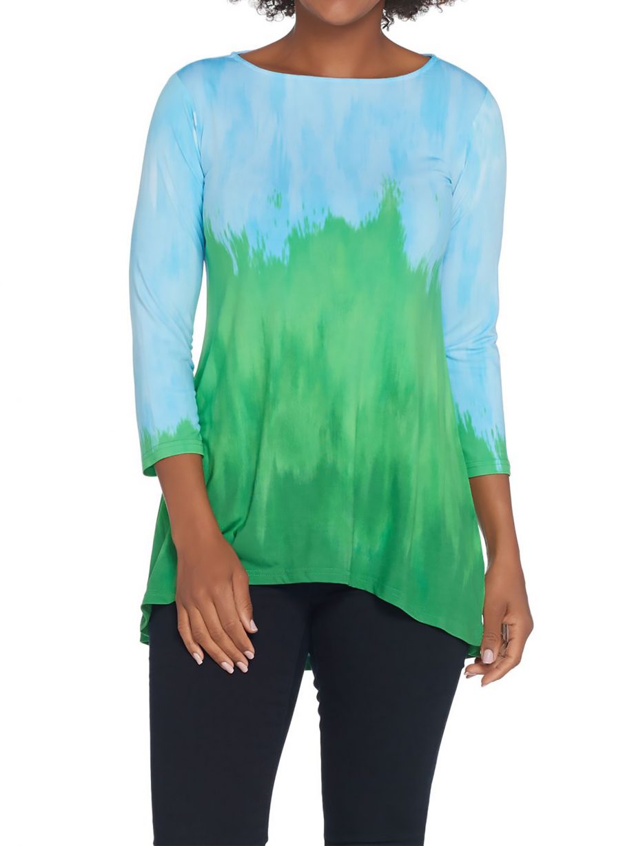LINEA by LOUIS DELL OLIO Size XL Printed 3/4 Sleeve Hi-Low Hem Tunic TURQ / GREEN