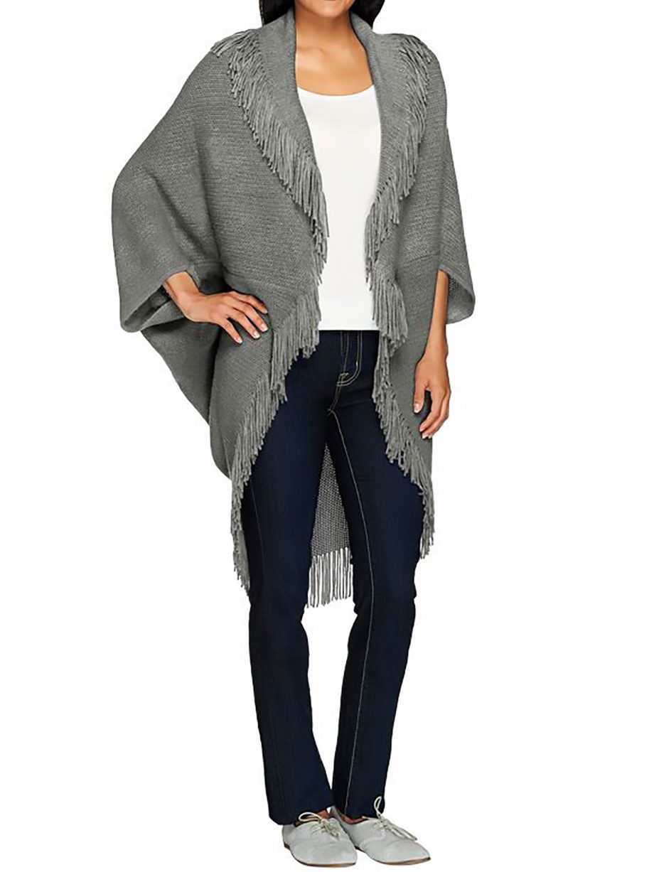 LAYERS by LIZDEN MARVELUSH ONE Size Waffle Knit Fringed Shrug GRAY
