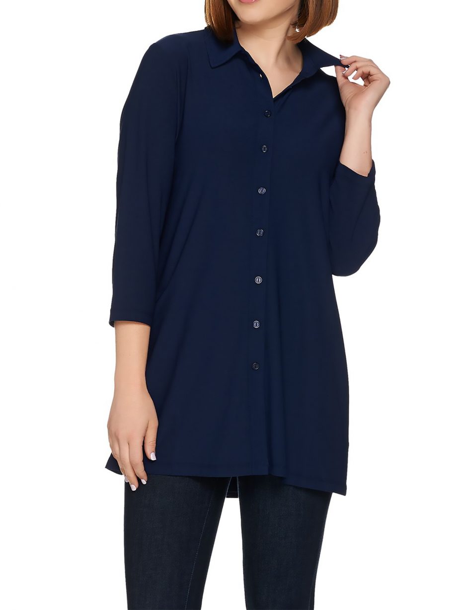 DENNIS BASSO Size 8 Caviar Crepe Button Down Blouse NAVY