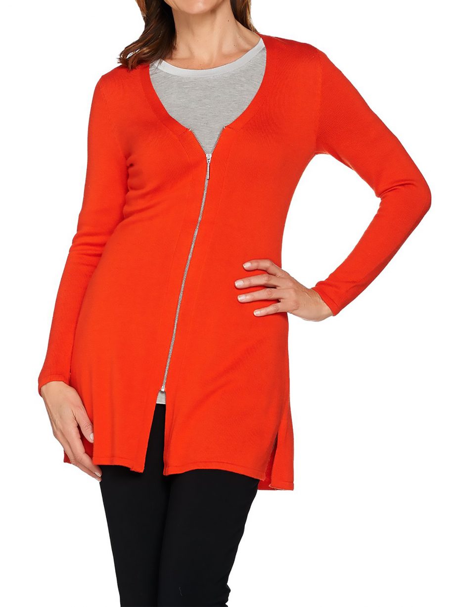 H by HALSTON Size S Zip Front Boyfriend Cardigan with Side Slits FLAME RED