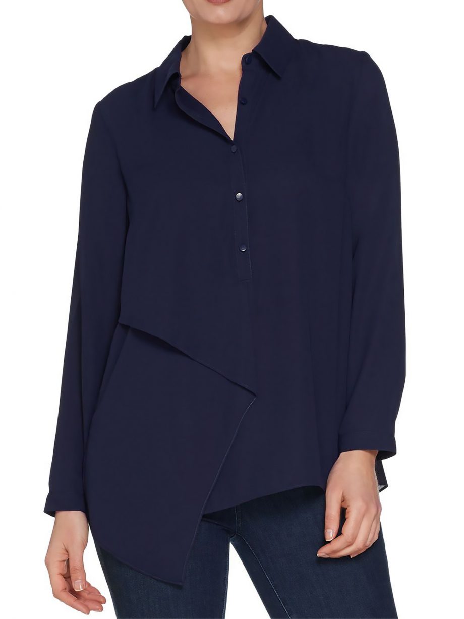 JOAN RIVERS Size L Flowy Tunic w/ Draped Front Panel NAVY